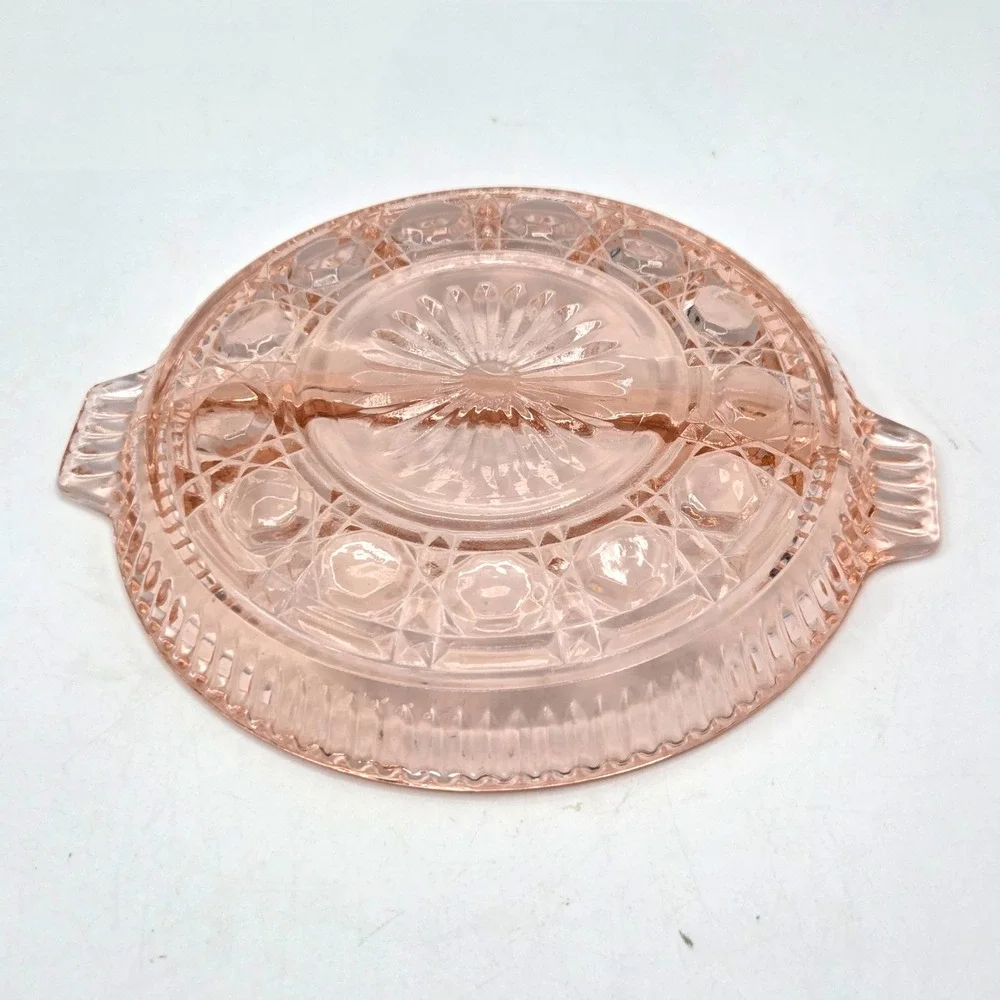 Vintage Pink Depression Indiana Glass Windsor Divided Candy Nut Relish w/Handles